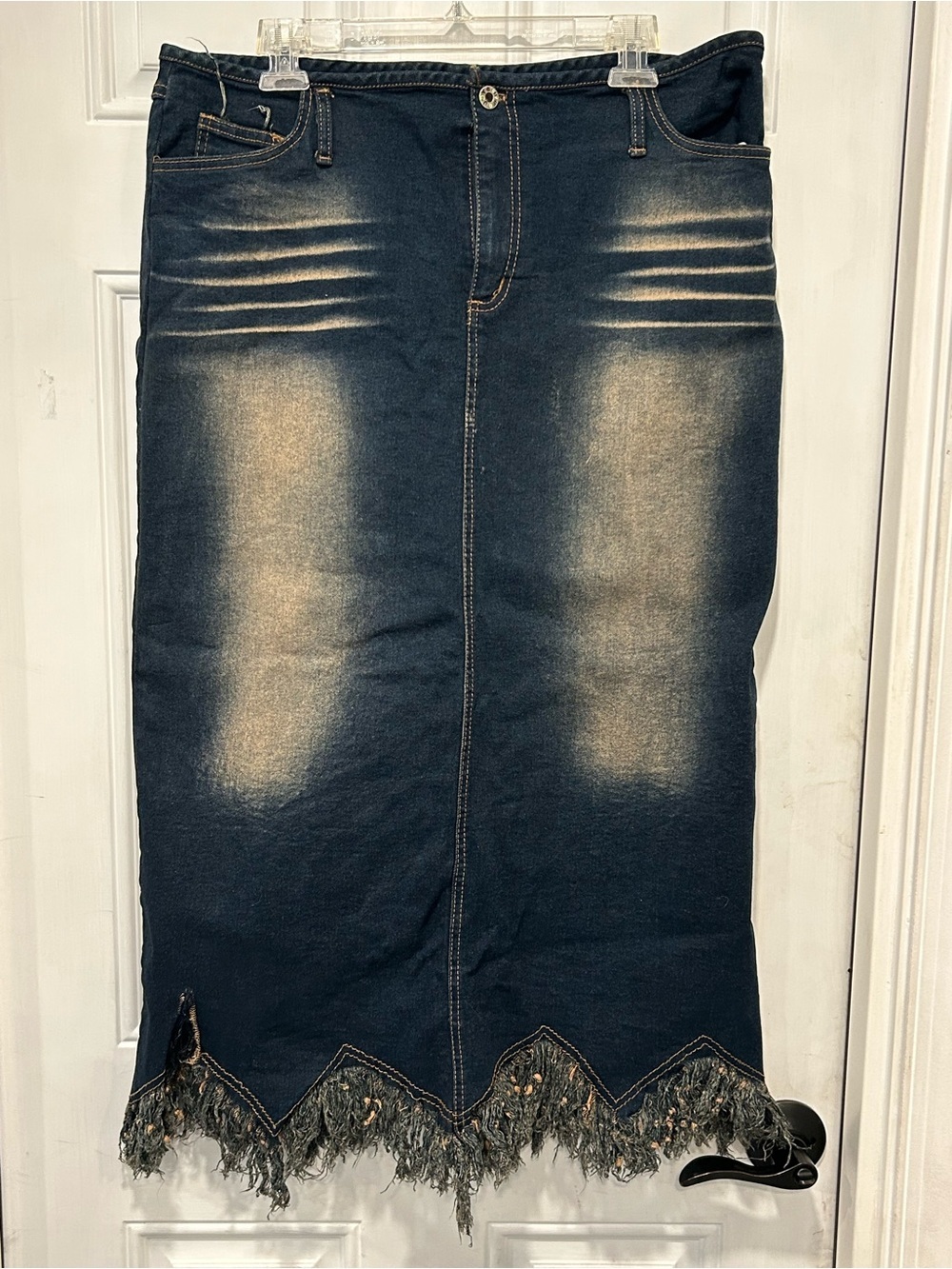 Joy Jeans Vtg Y2K Fringe Denim Skirt Scalloped Raw Hem Whiskered Midi Plus 3X
